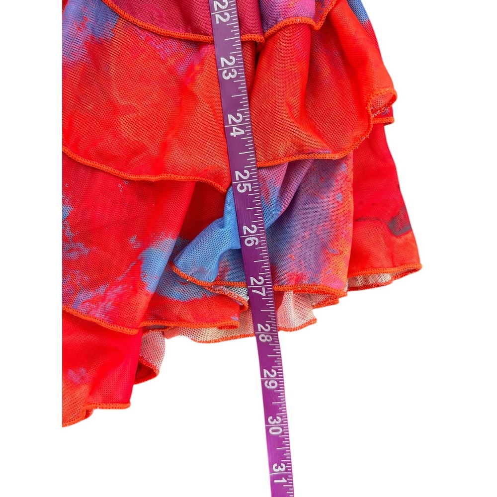 Outcast Madrid XS Red Purple Tie Dye Ruched Mesh Lace Up Ruffle Mini Dress - Picture 3 of 7